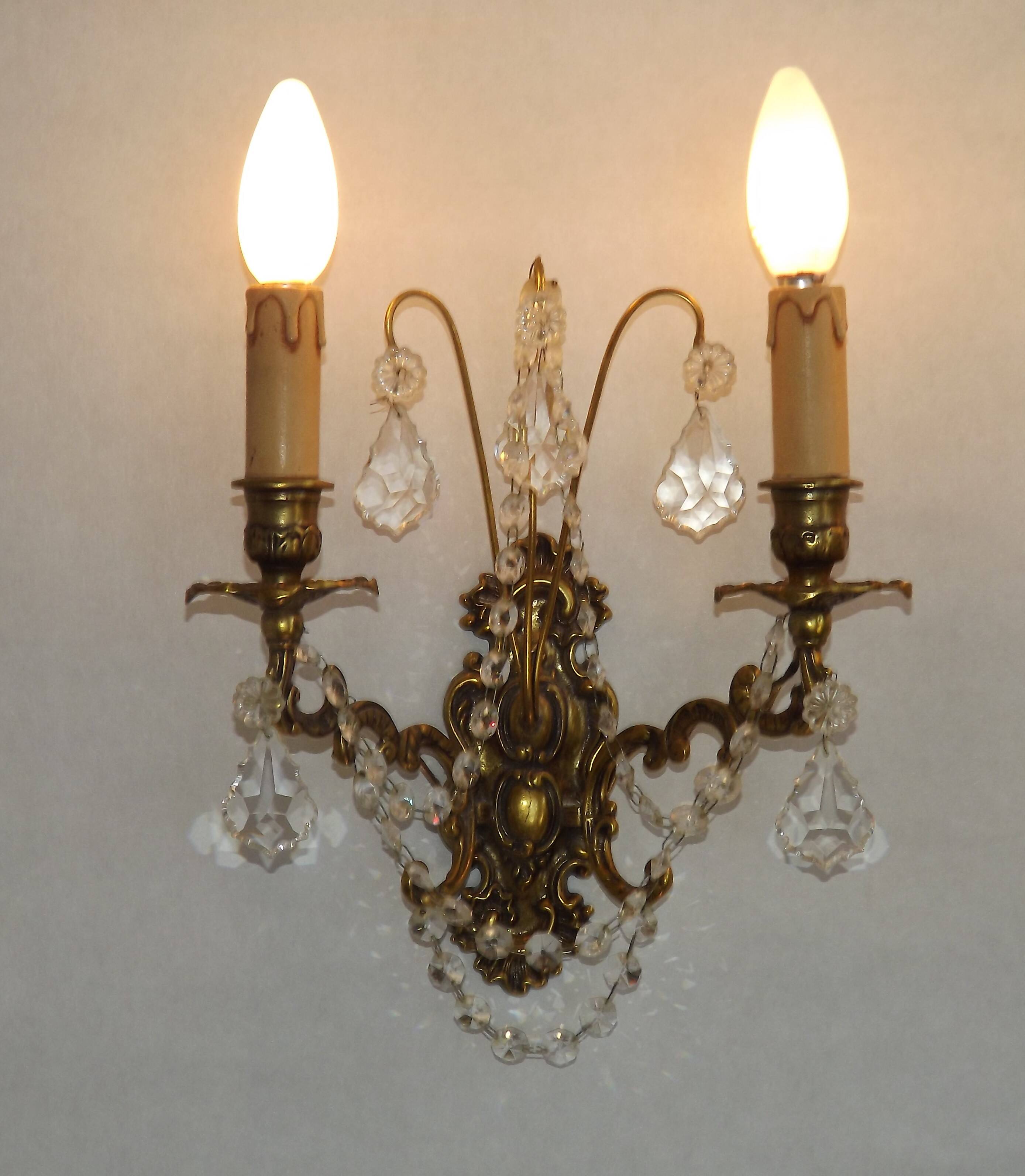 Pair of French Baroque Double Bronze Crystal Wall Lights Glass Bead Swags