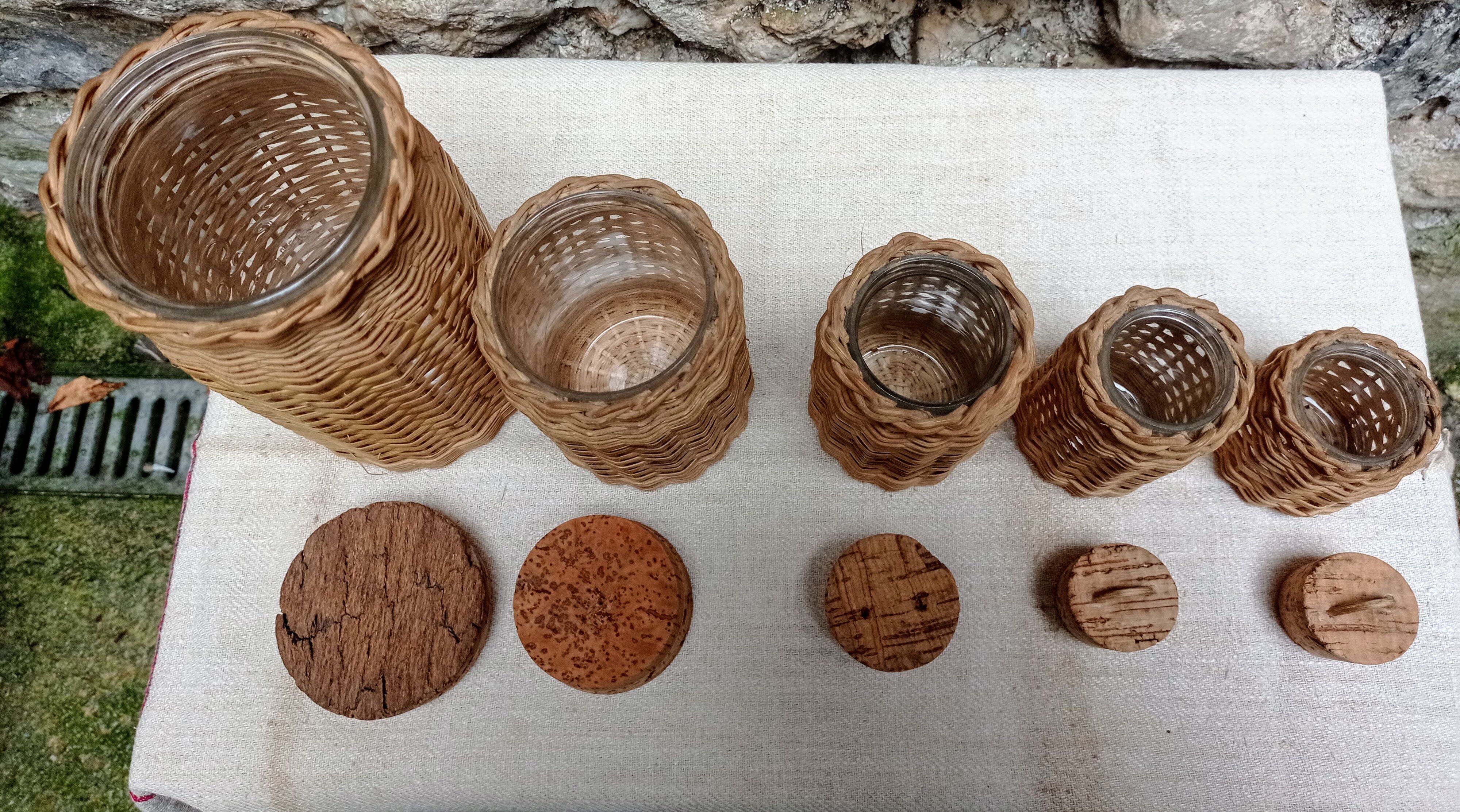 Glass and rattan kitchen pots