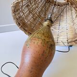 Artisanal lamp in vintage enamelled stoneware and rattan