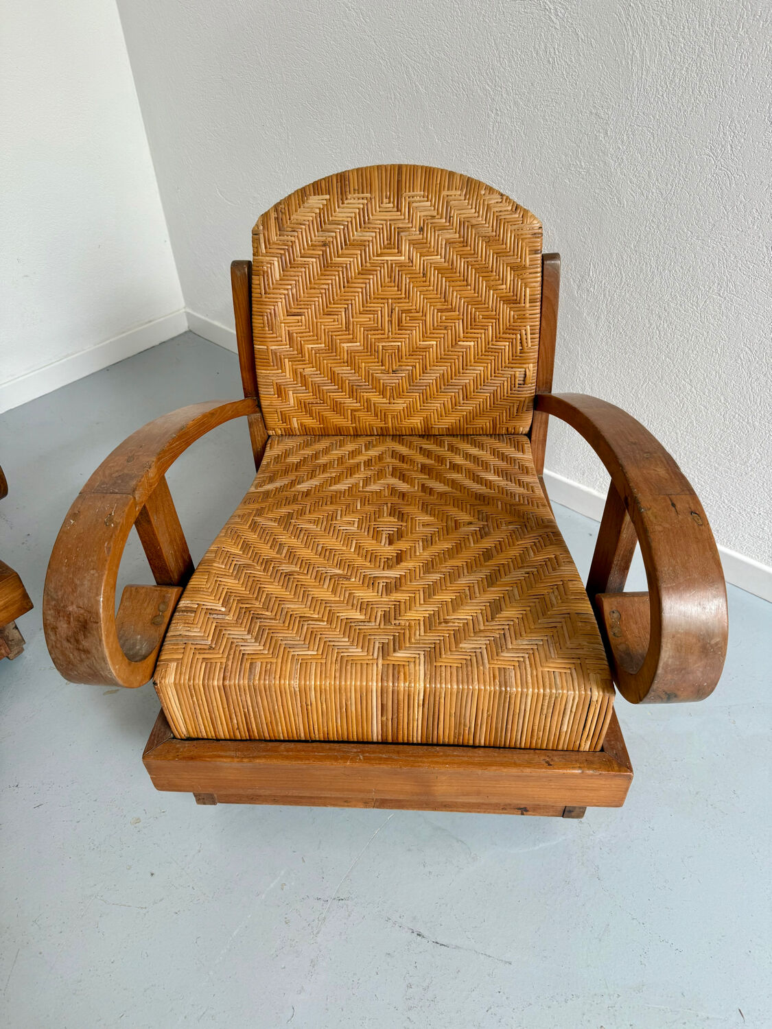 Set of 4 woven rattan armchairs, colonial style, 1950s