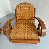 Set of 4 woven rattan armchairs, colonial style, 1950s