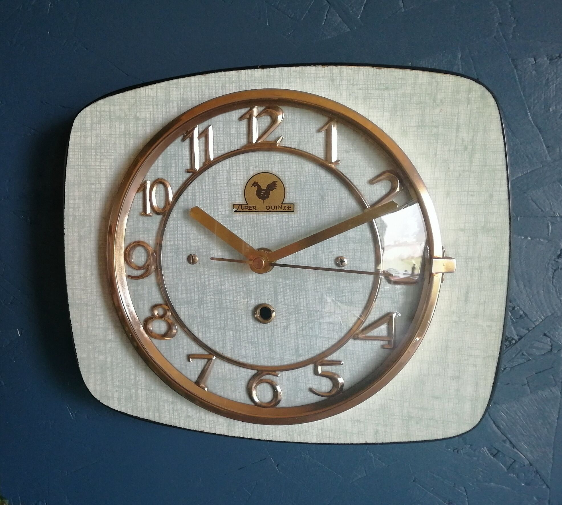 Vintage formica clock silent rectangular wall clock "Super Quinze Vert"