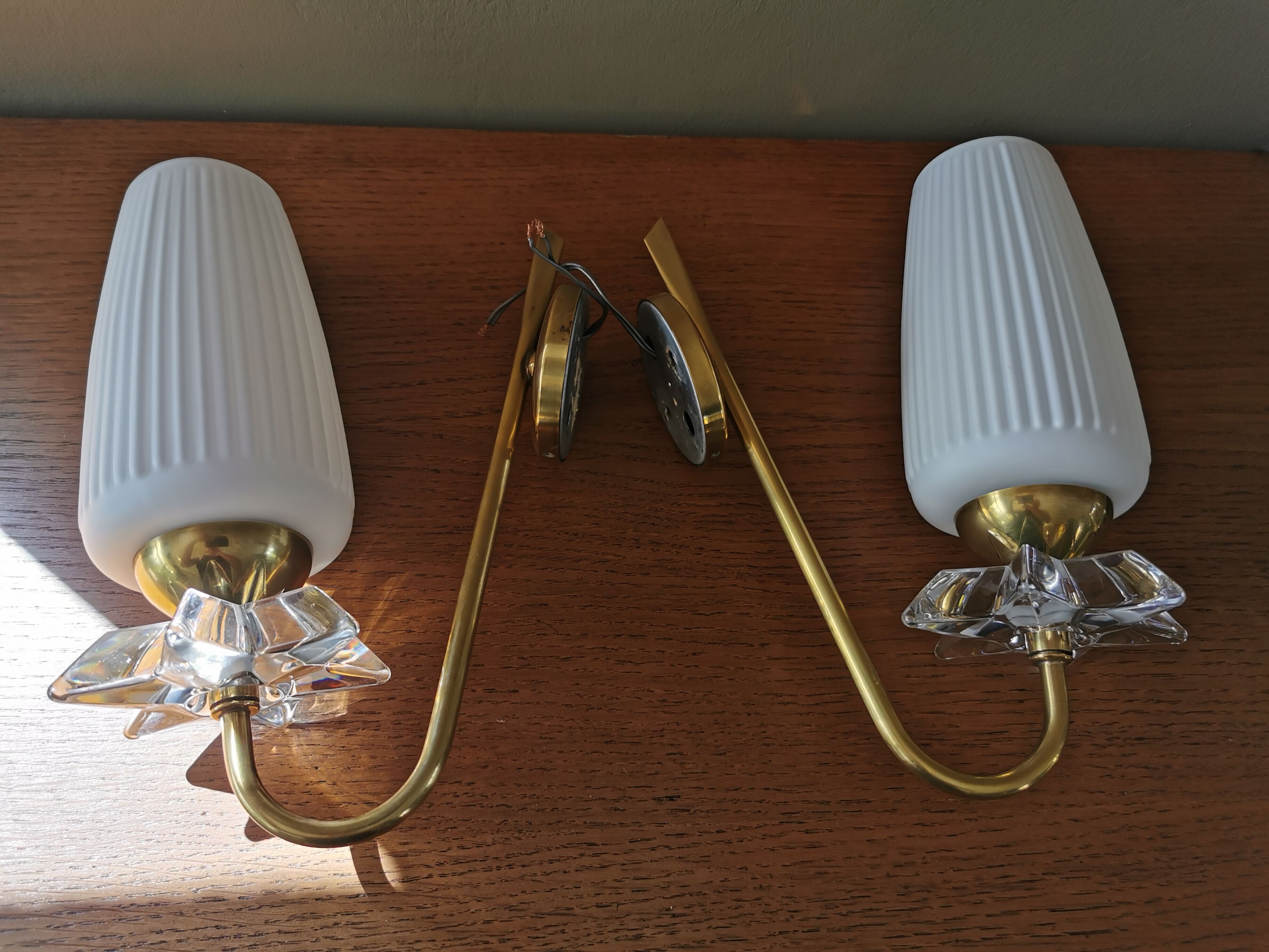 Pair of vintage brass and glass sconces