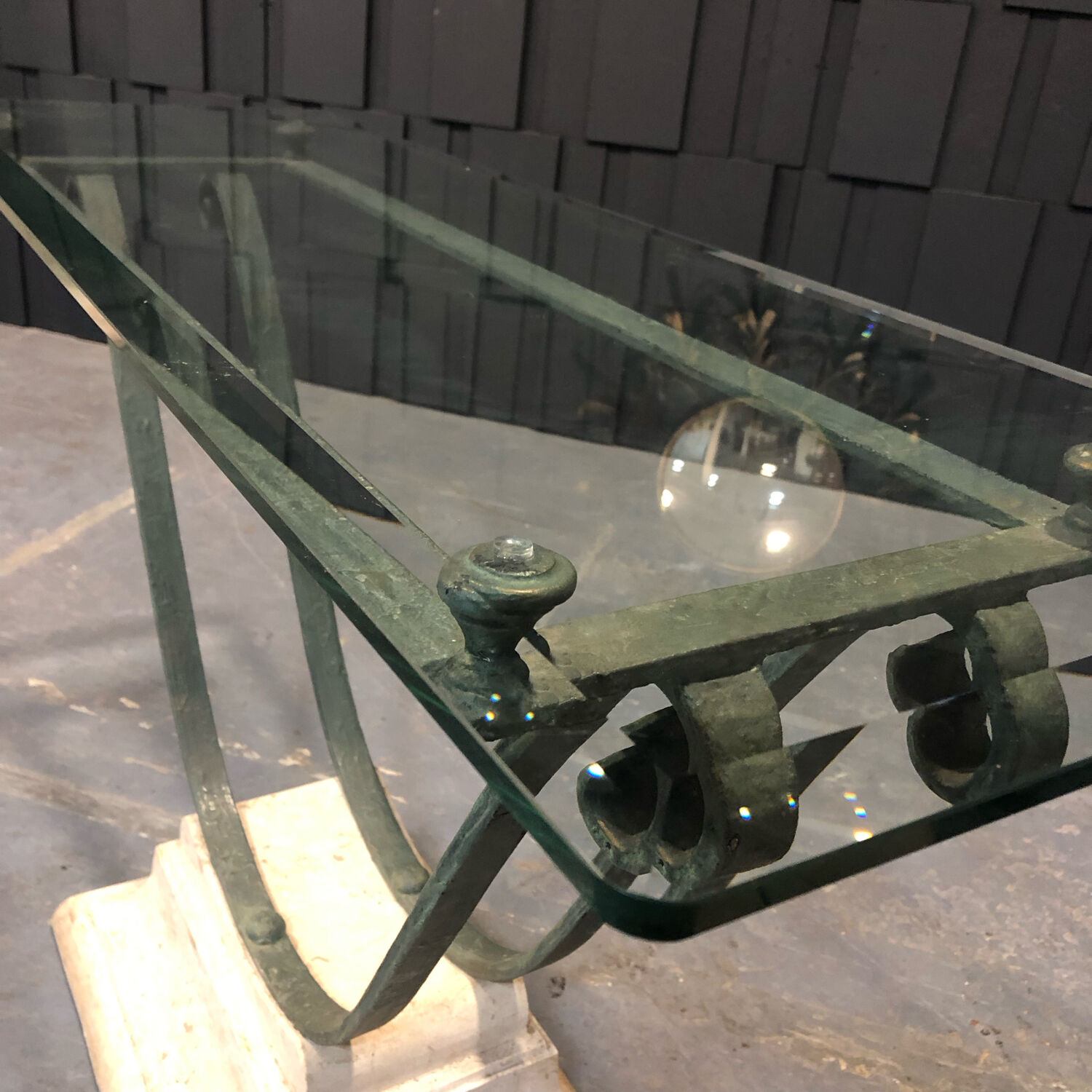 Iron and glass console, antique patina