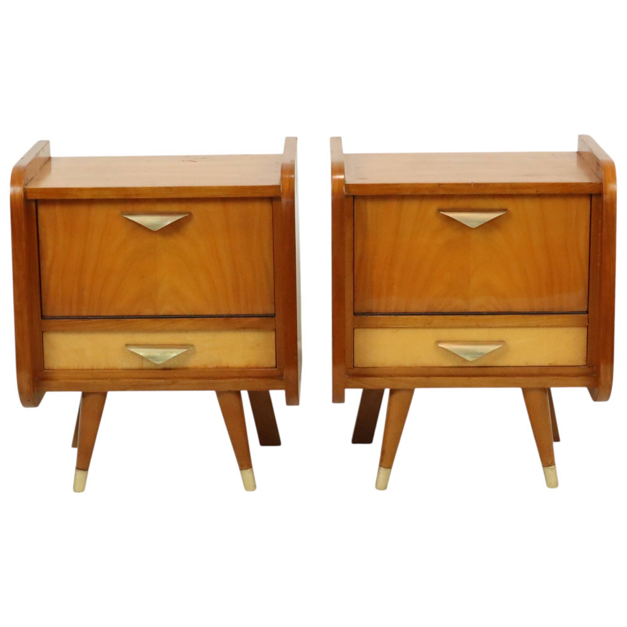 Pair of Fifties Rockabilly Wooden Bedside Tables Vintage Design