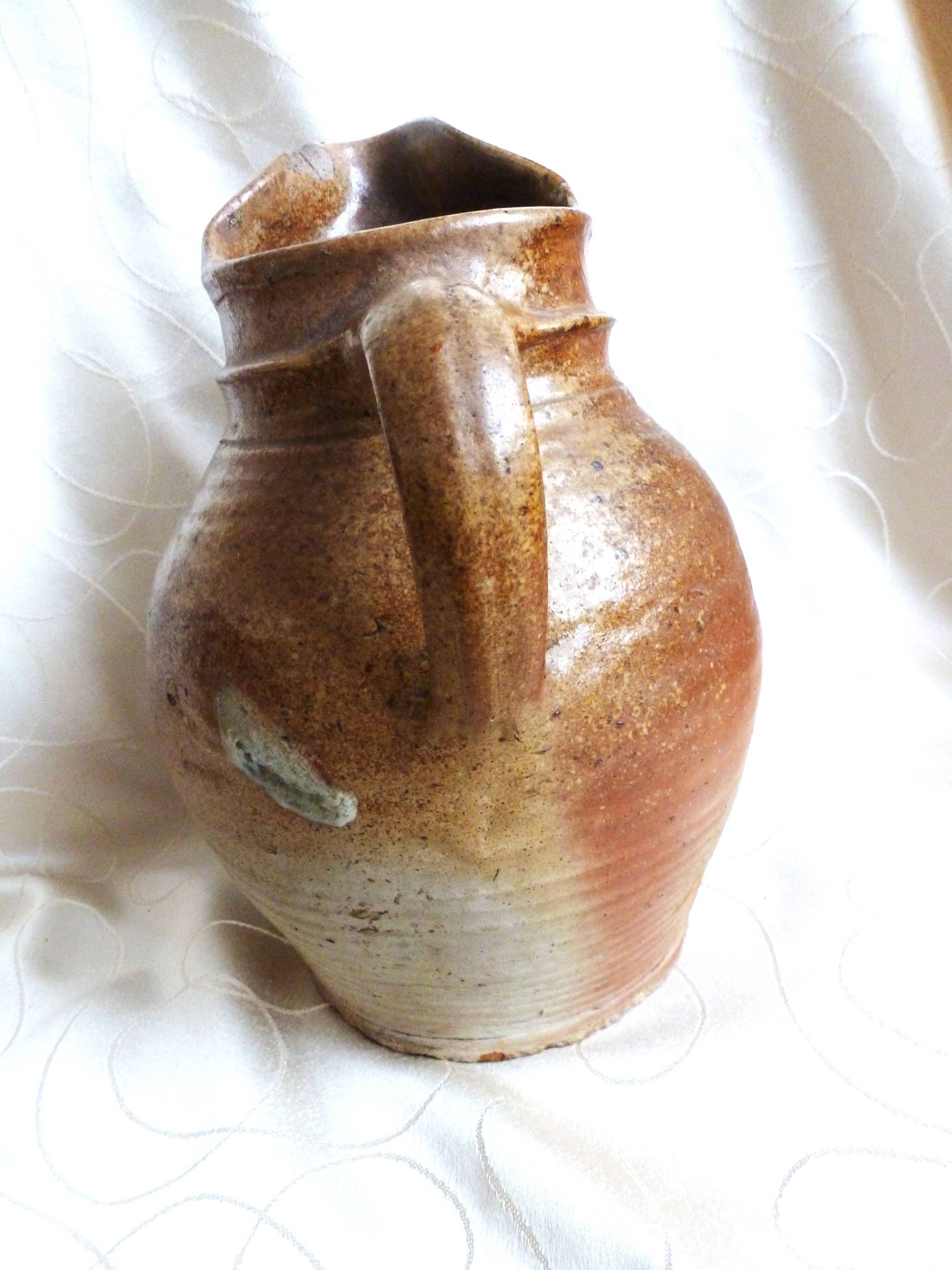 Old stoneware farm jug; stoneware pitcher for water, wine, cider...
