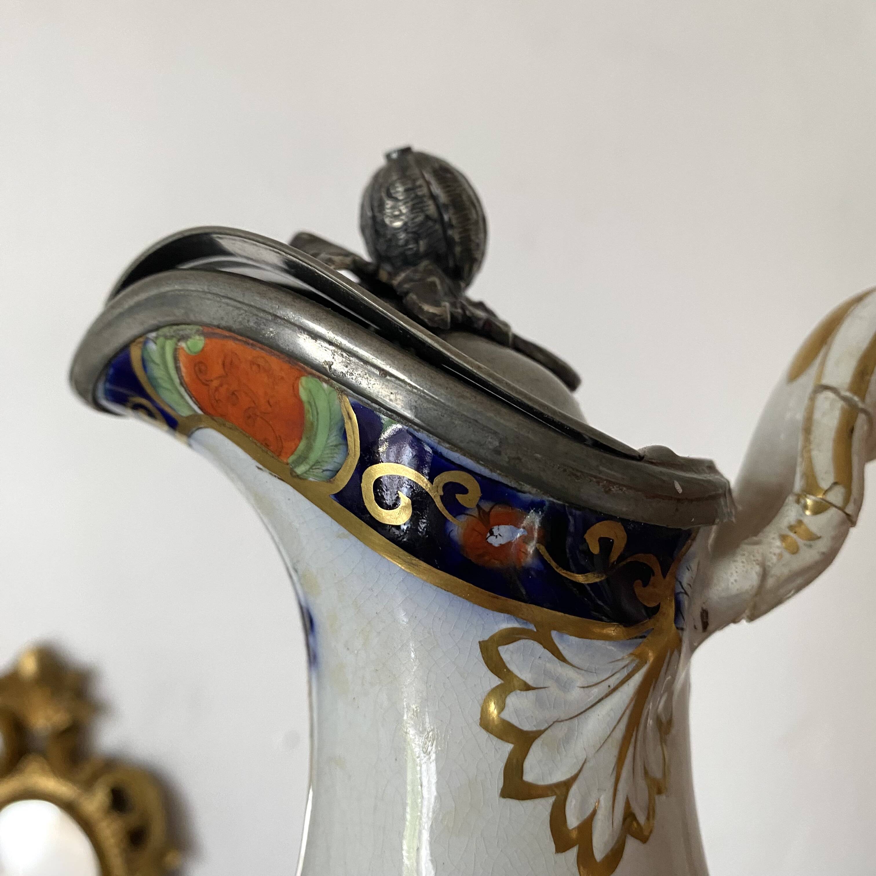 Antique polychrome porcelain jug, Orientalist decoration.