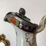 Antique polychrome porcelain jug, Orientalist decoration.