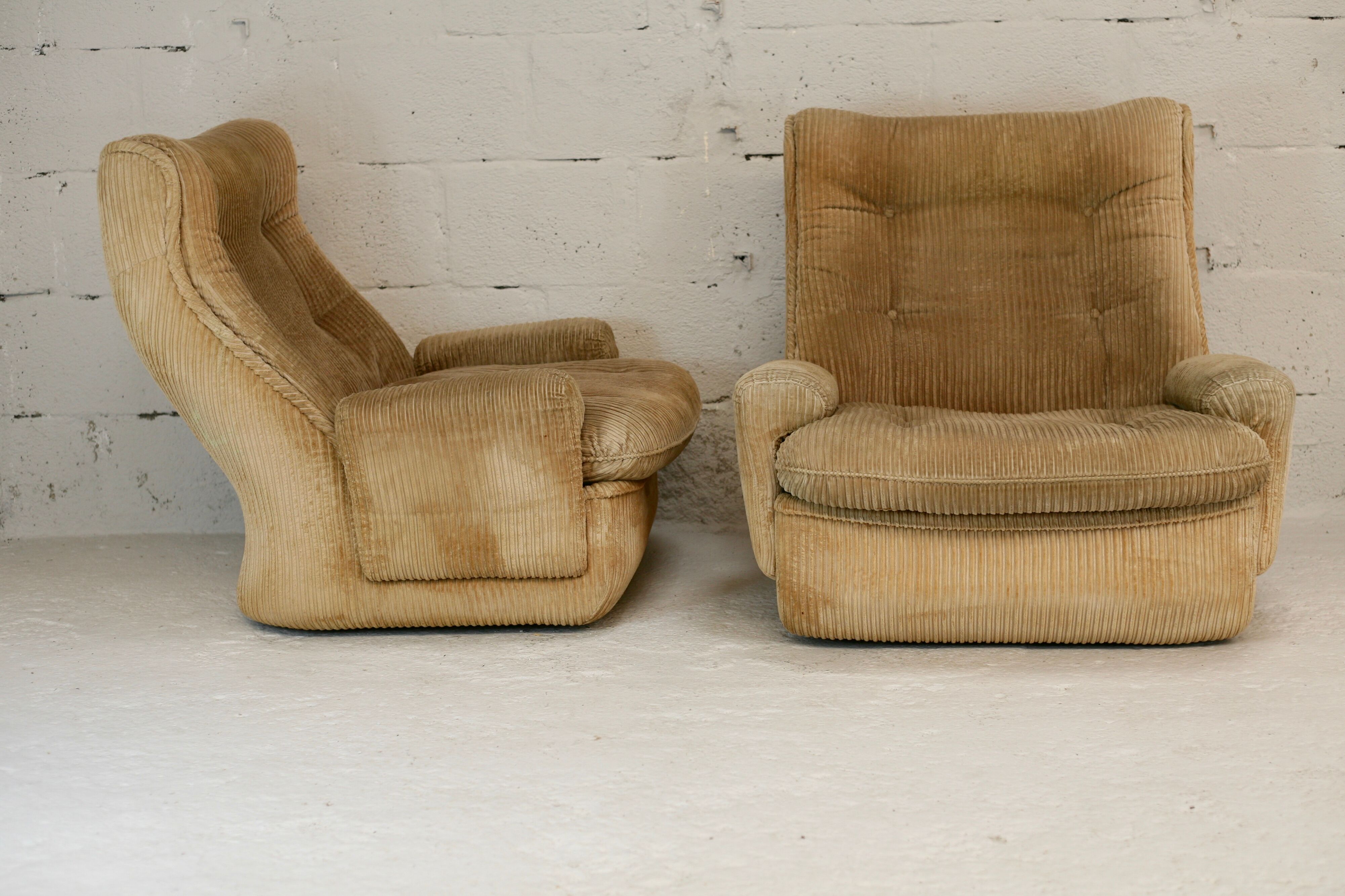 Pair of armchairs by michel cadestin, airborne edition, fiberglass and beige velvet, circa 1970