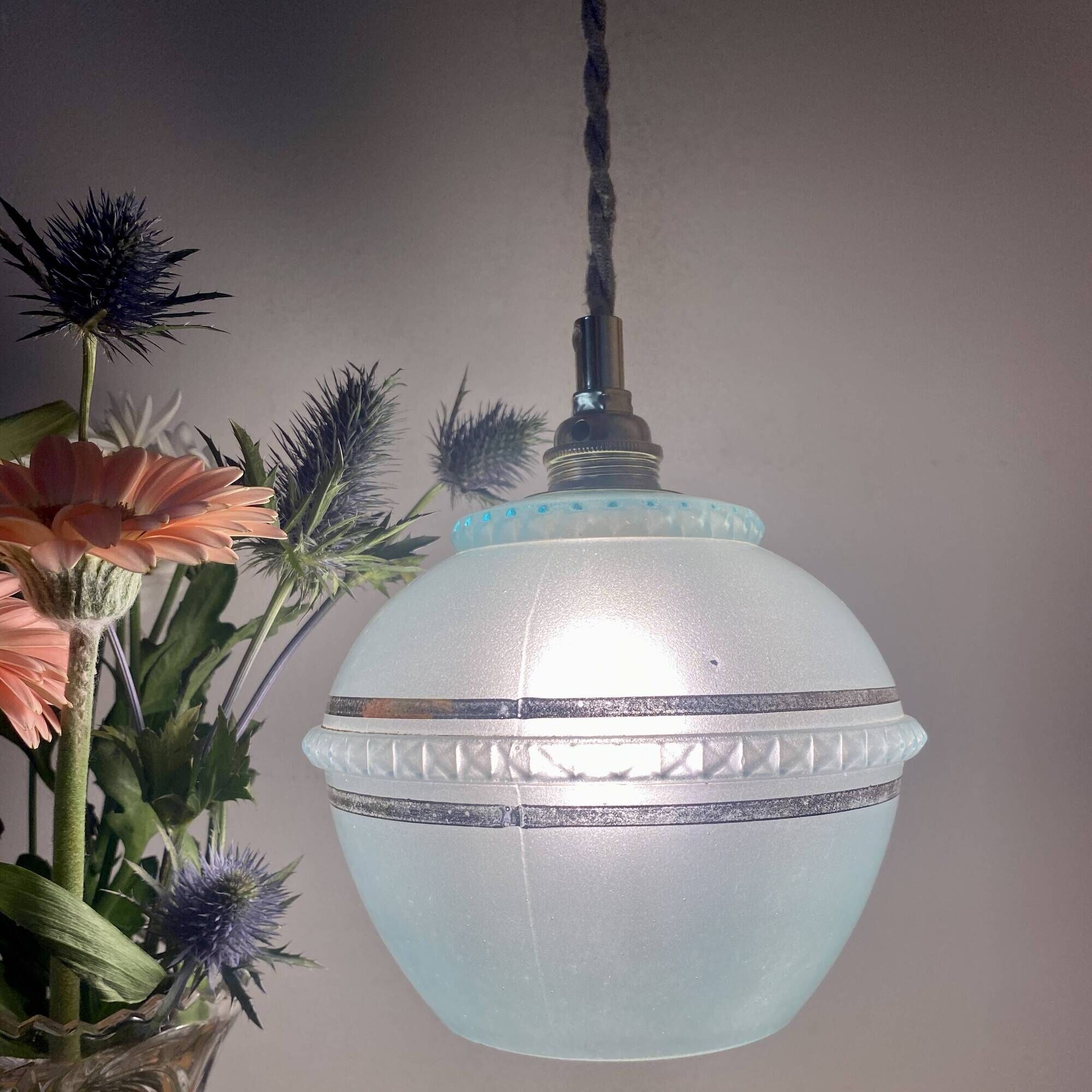 Vintage art deco tulip pendant light in blue and gold glass