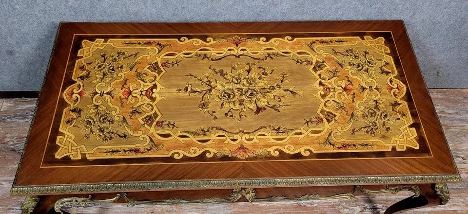 Louis XV style coffee table in marquetry and patinated bronzes circa 1950