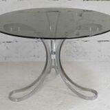 Living room table "Space Age" polished steel, circular slab smoked glass. France, circa 1970.