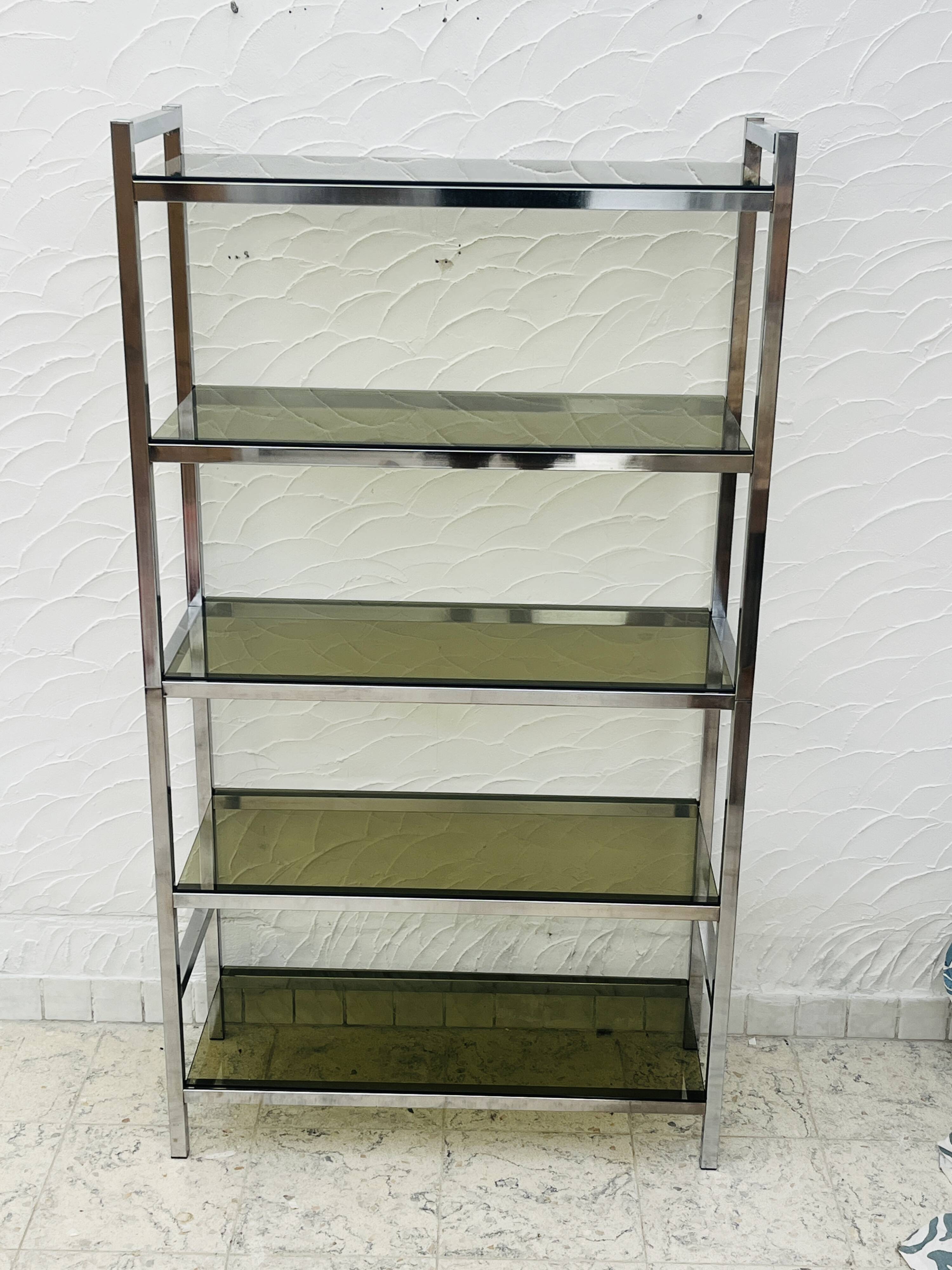 Vintage Italian design shelf in chrome and smoked glass from the 1970s.