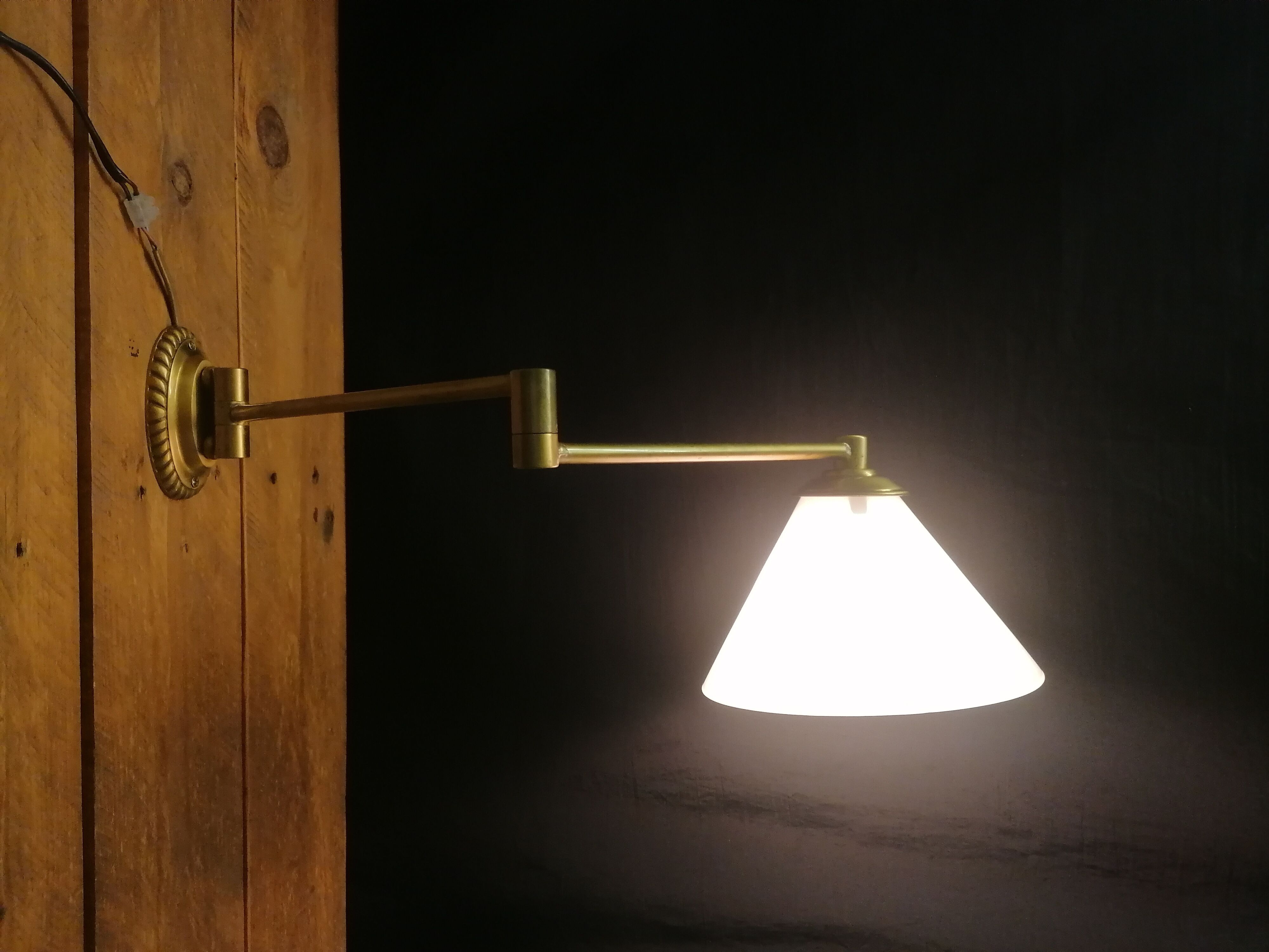 Articulated arm wall applique - brass and white glass diffuser - 1970s