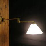 Articulated arm wall applique - brass and white glass diffuser - 1970s
