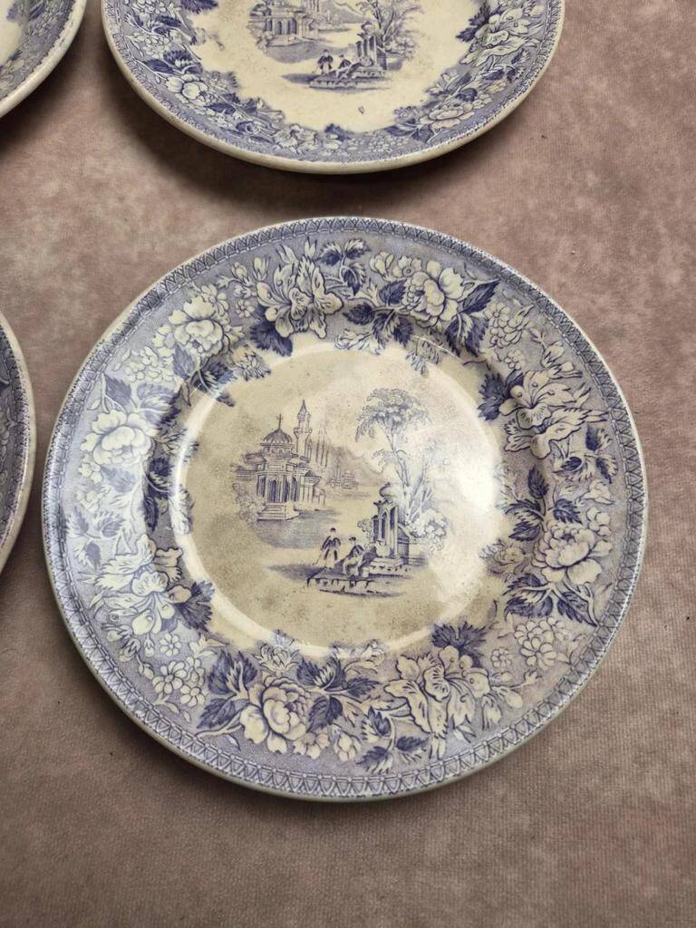 Set of 8 antique English dessert plates by J. Marshall & Co Bosphorus purple earthenware 19th century.