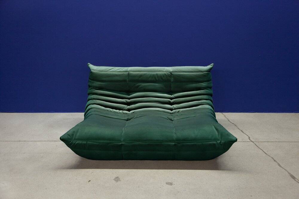 Bottle green velvet Togo living room set by Michel Ducaroy for Ligne Roset, set of 5
