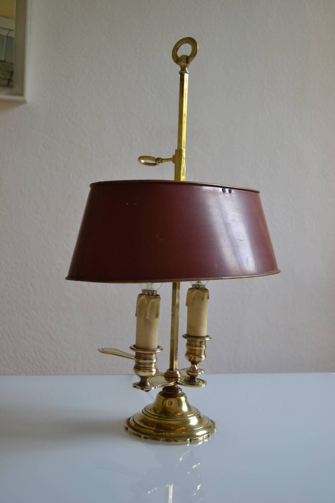 hot water bottle lamp with 2 bronze lights and burgundy sheet metal lampshade