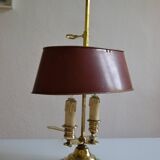 hot water bottle lamp with 2 bronze lights and burgundy sheet metal lampshade