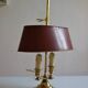 hot water bottle lamp with 2 bronze lights and burgundy sheet metal lampshade