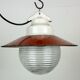 Industrial porcelain red enamel pendant light with ribbed clear glass, 1970s