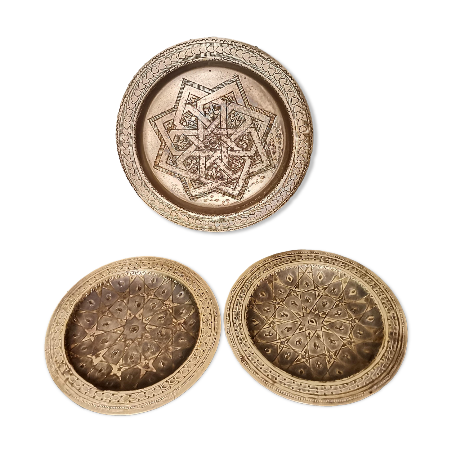Set of 3 vintage moroccan brass decorative wall plates