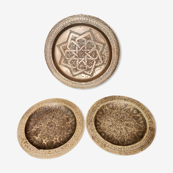 Set of 3 vintage moroccan brass decorative wall plates