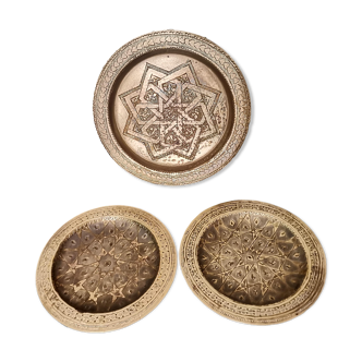 Set of 3 vintage moroccan brass decorative wall plates