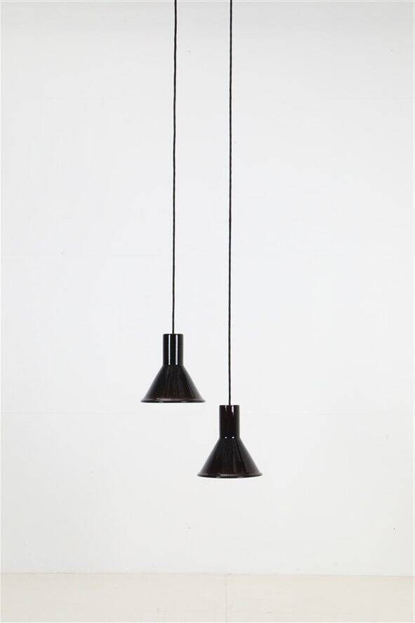 Set of 2 Holmegaard / Michael Bang 'Mini P&T' pendant lamps / handmade glass / red / black / 1970s