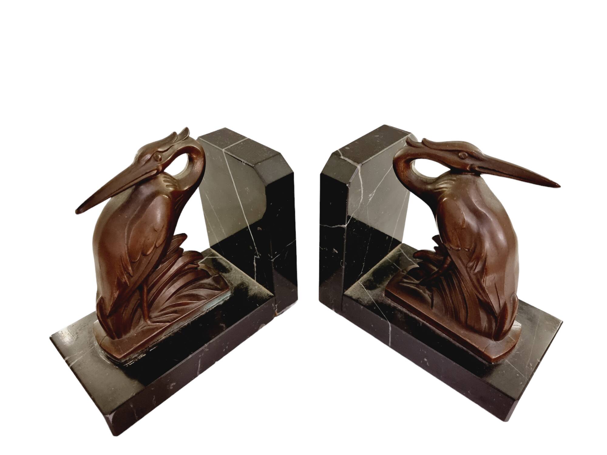Art Deco spelter on marble bookends with cranes by Maurice Frecourt, France, 1920-30's