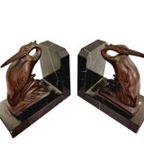 Art Deco spelter on marble bookends with cranes by Maurice Frecourt, France, 1920-30's