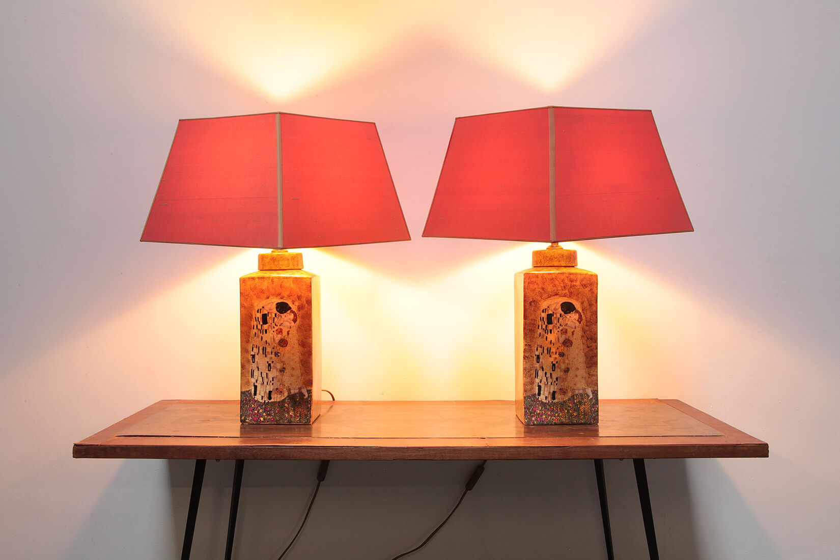 Set of two handmade ceramic gustav klimt table lamps, 80s