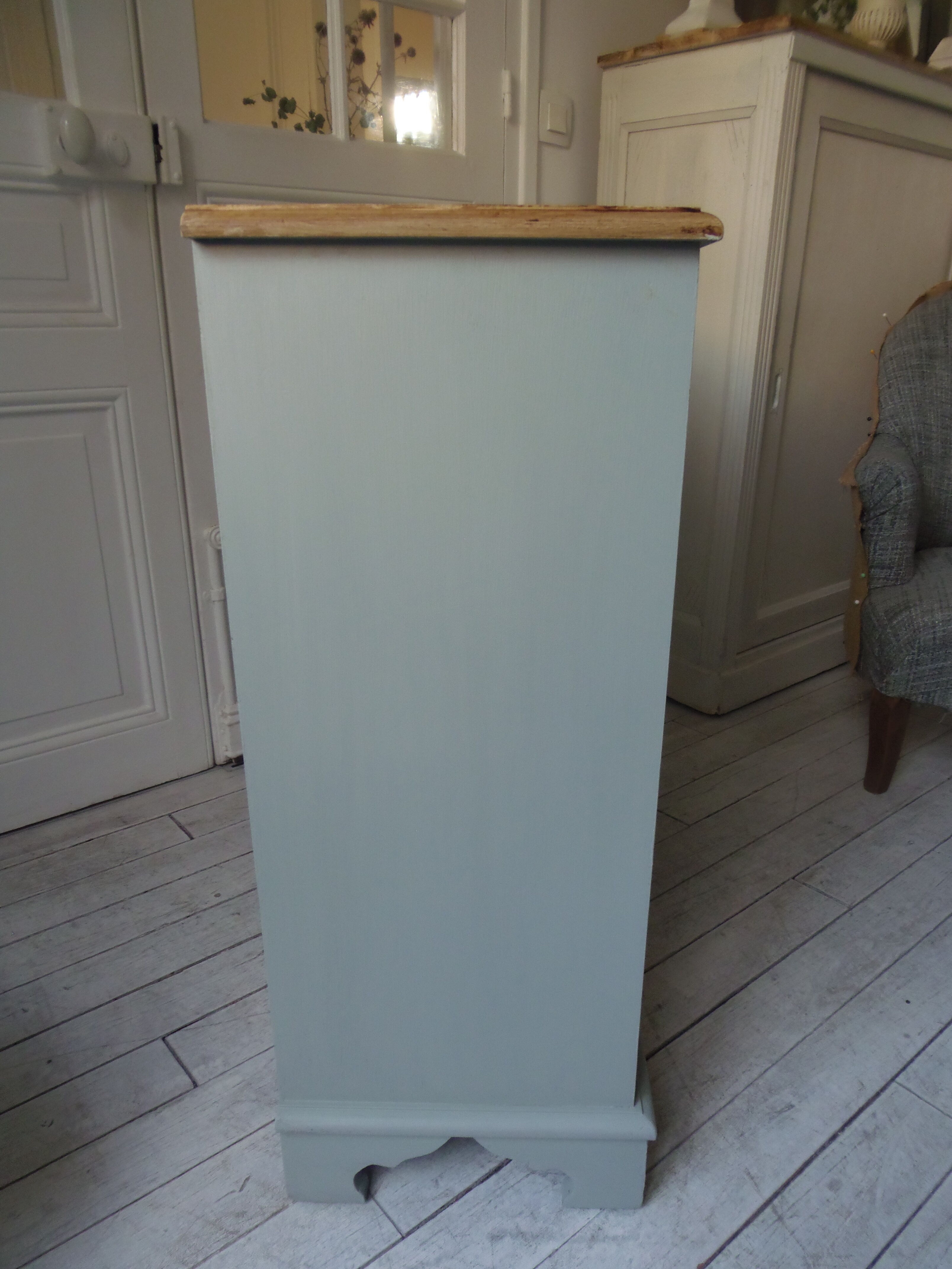 Vintage shoe cabinet green of gray, wooden top.