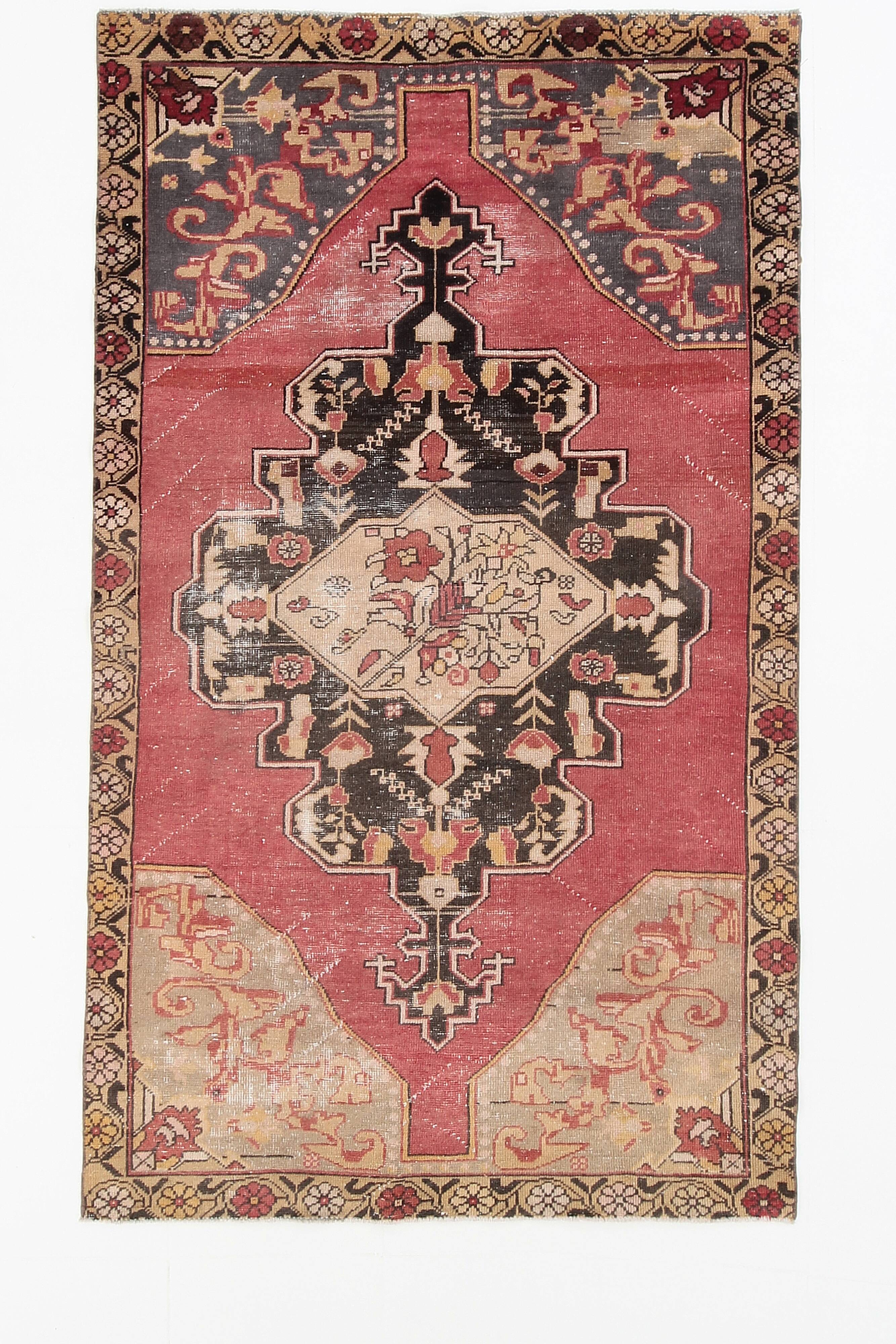 Tapis oriental vintage anatolien rouge bordeaux et noir, laine fait main