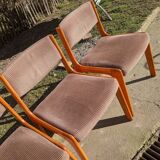 Series of 4 Scandinavian beech chairs with velvet seats