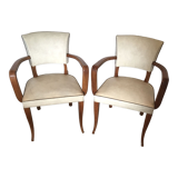 Pair of armchair bridge skai white year 50/60 wood spring deco vintage art deco