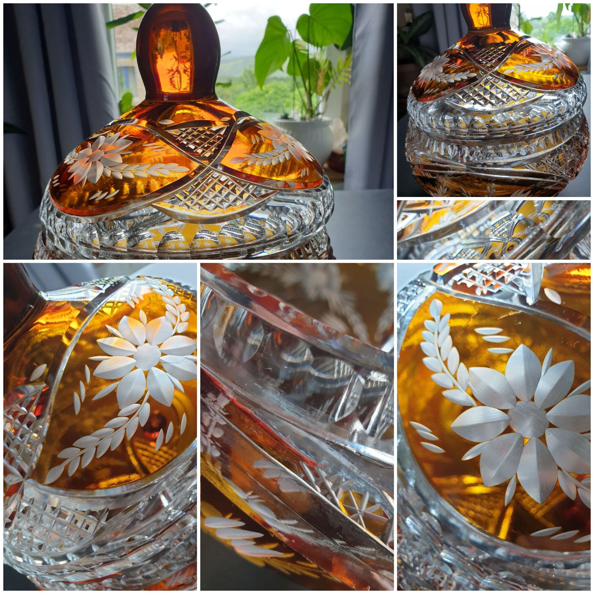 Old bohemian crystal candy, amber overlay