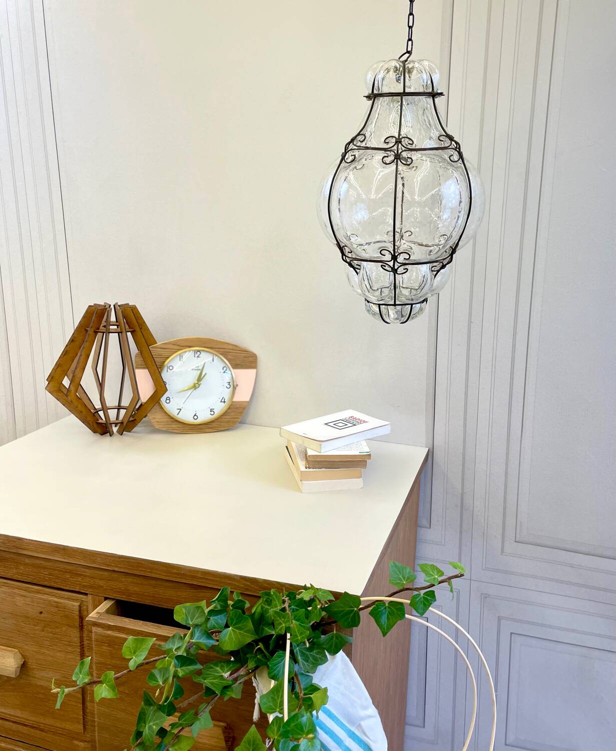 Vintage blown glass and metal lantern suspension