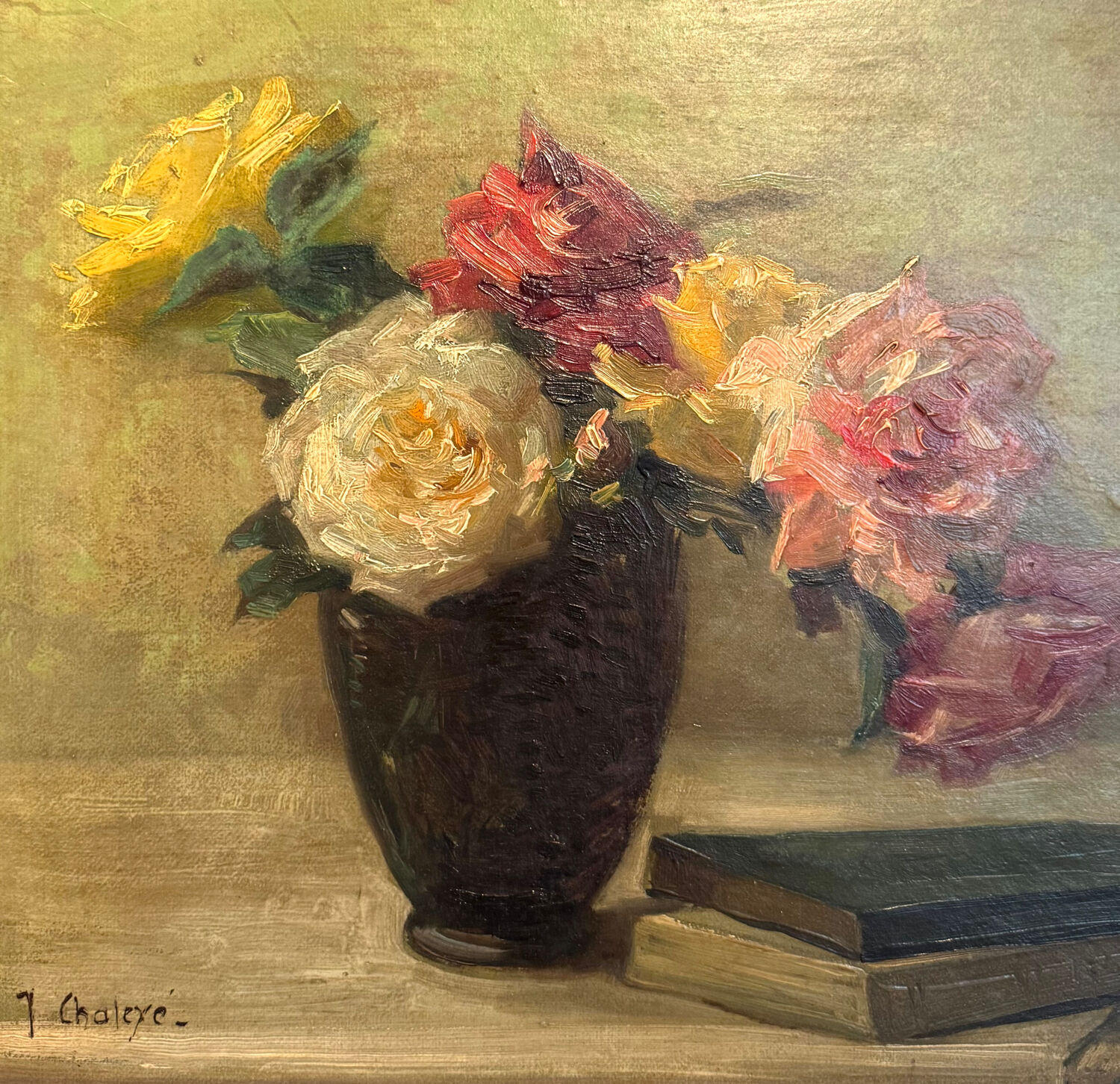 Antique painting, Still life with roses, signed Chaleyé