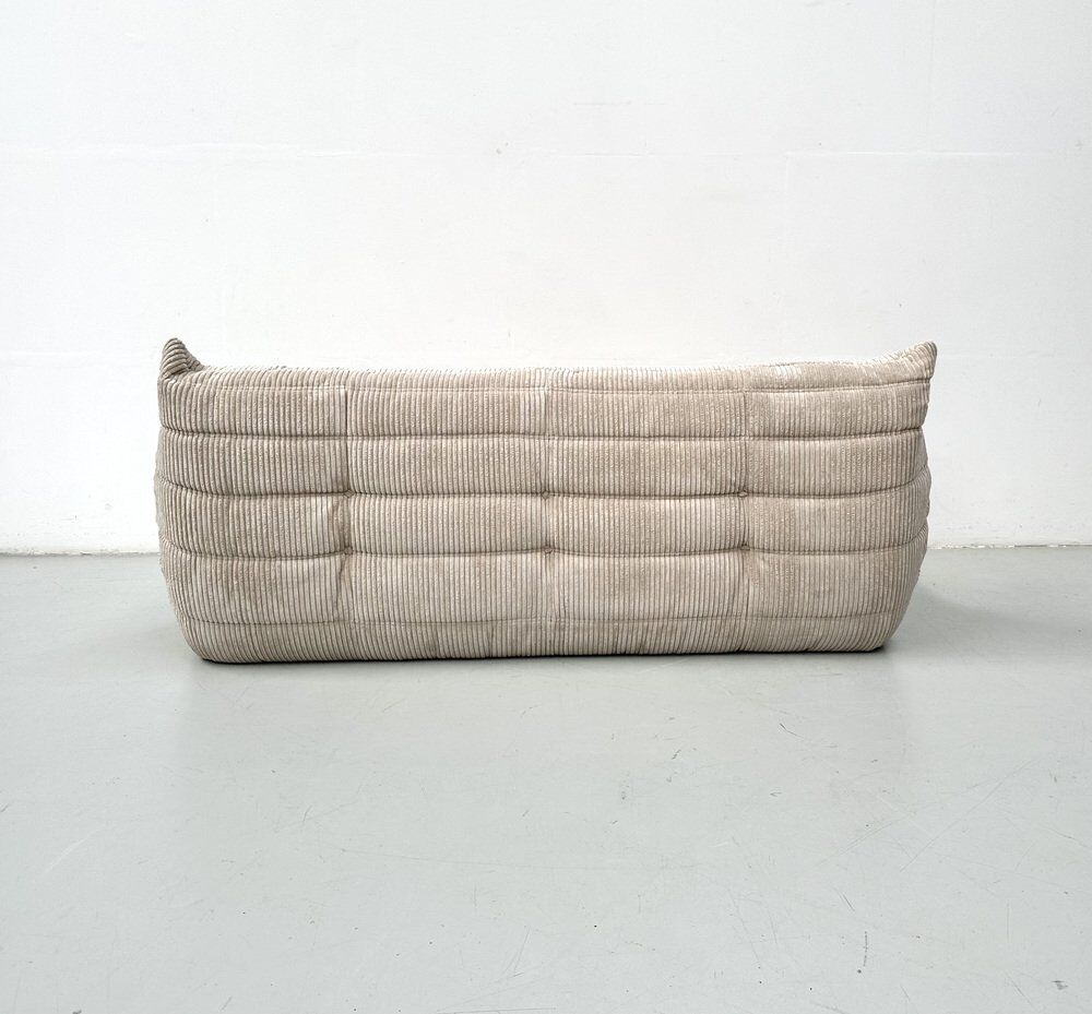 French Togo 3-seater sofa in beige corduroy attributed to Michel Ducaroy for Ligne Roset, 1970s