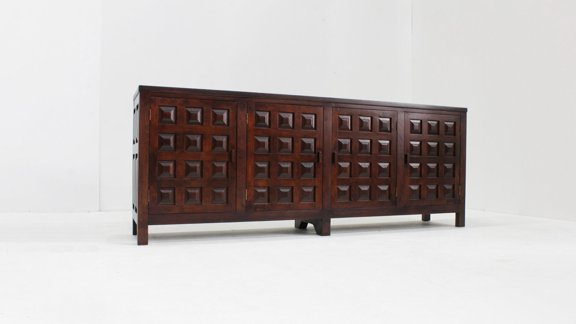 Vintage brutalist sideboard carved solid wood Spain 1960s