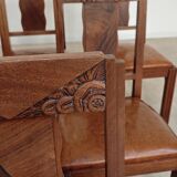 Set of 6 Art Deco chairs in Oak and Walnut with camel leather.