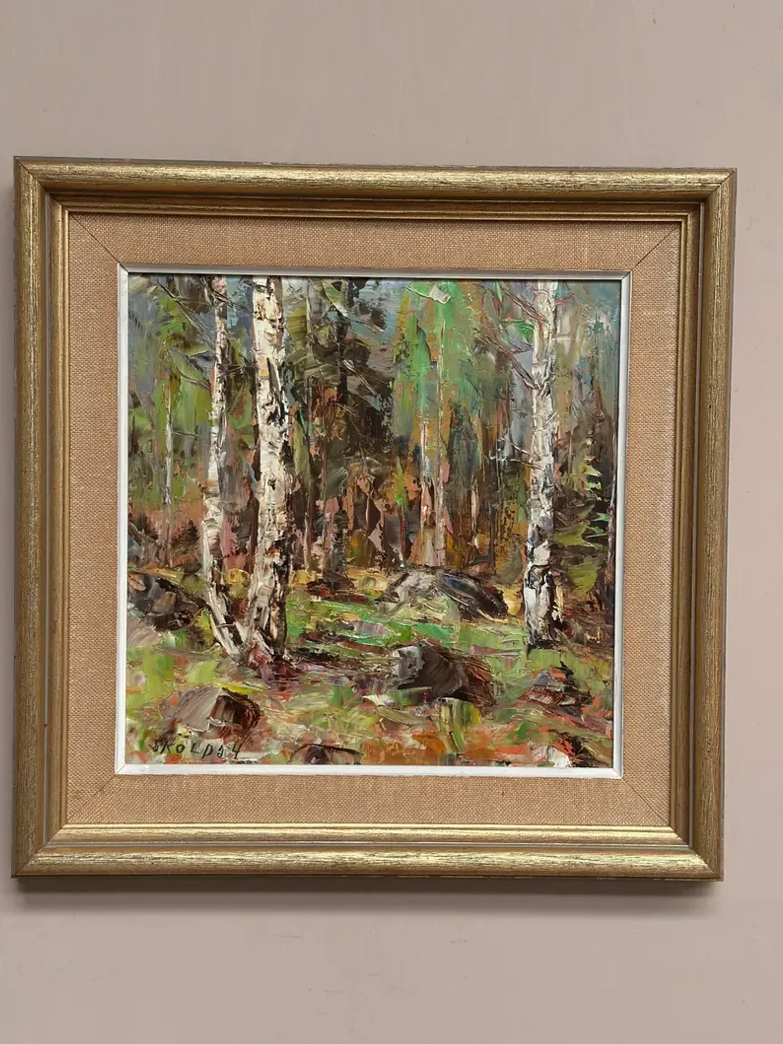 Original Swedish Oil on Canvas – “Birch Forest” by John Sköld – Signed – Dated 1954 – Framed – 40 × 40 cm