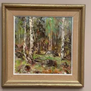 Original Swedish Oil on Canvas – “Birch Forest” by John Sköld – Signed – Dated 1954 – Framed – 40 × 40 cm