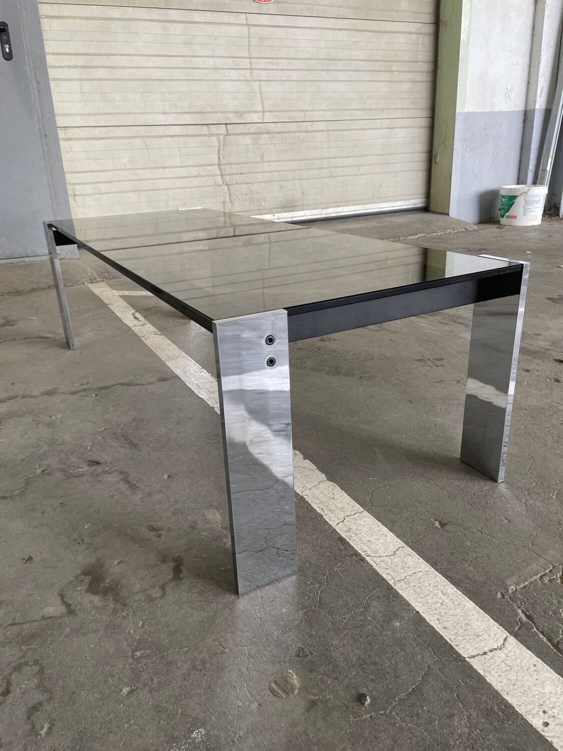 Chrome-plated steel coffee table with tempered smoked glass top