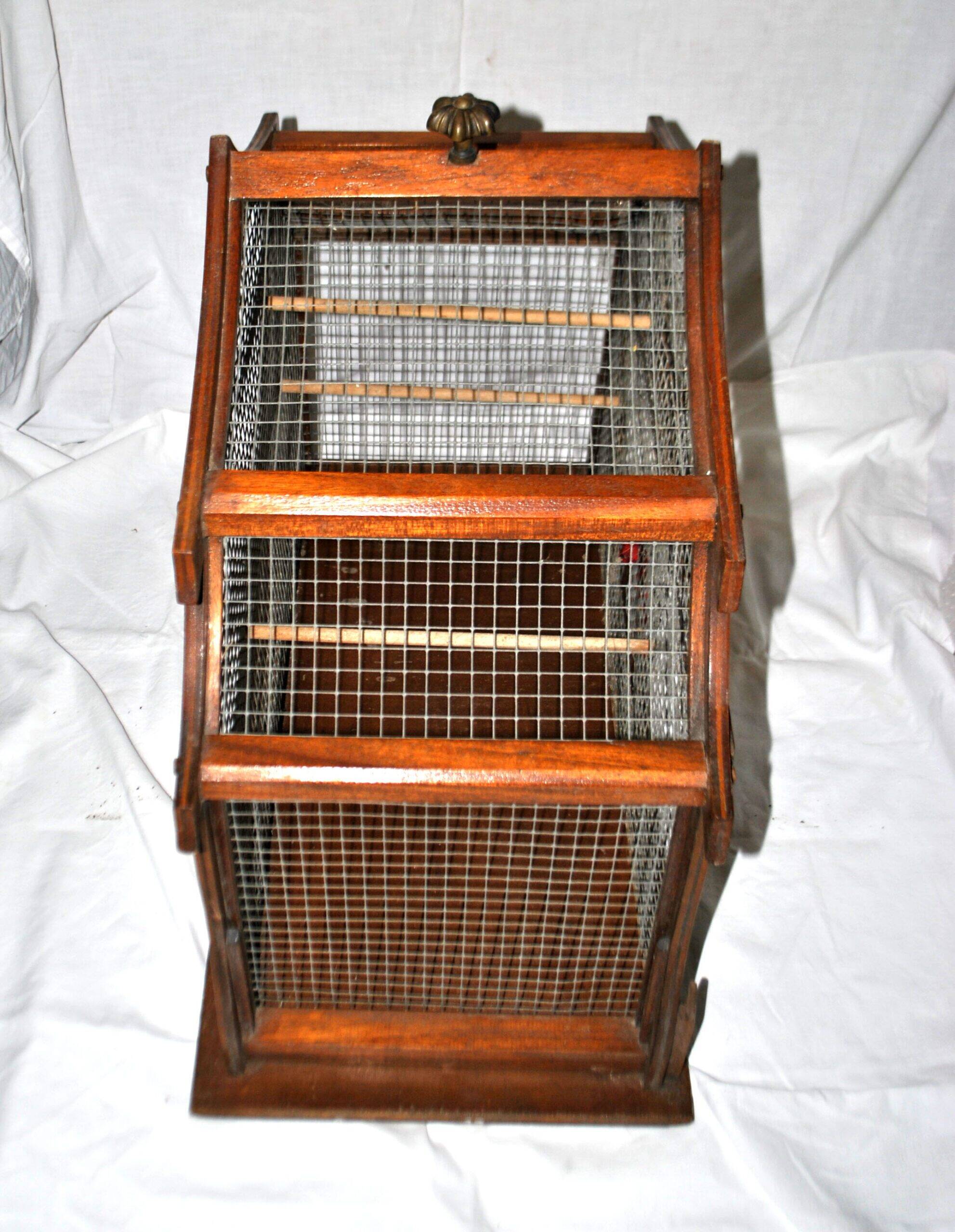 Large vintage wooden birdcage with metal mesh - Handmade 1960s