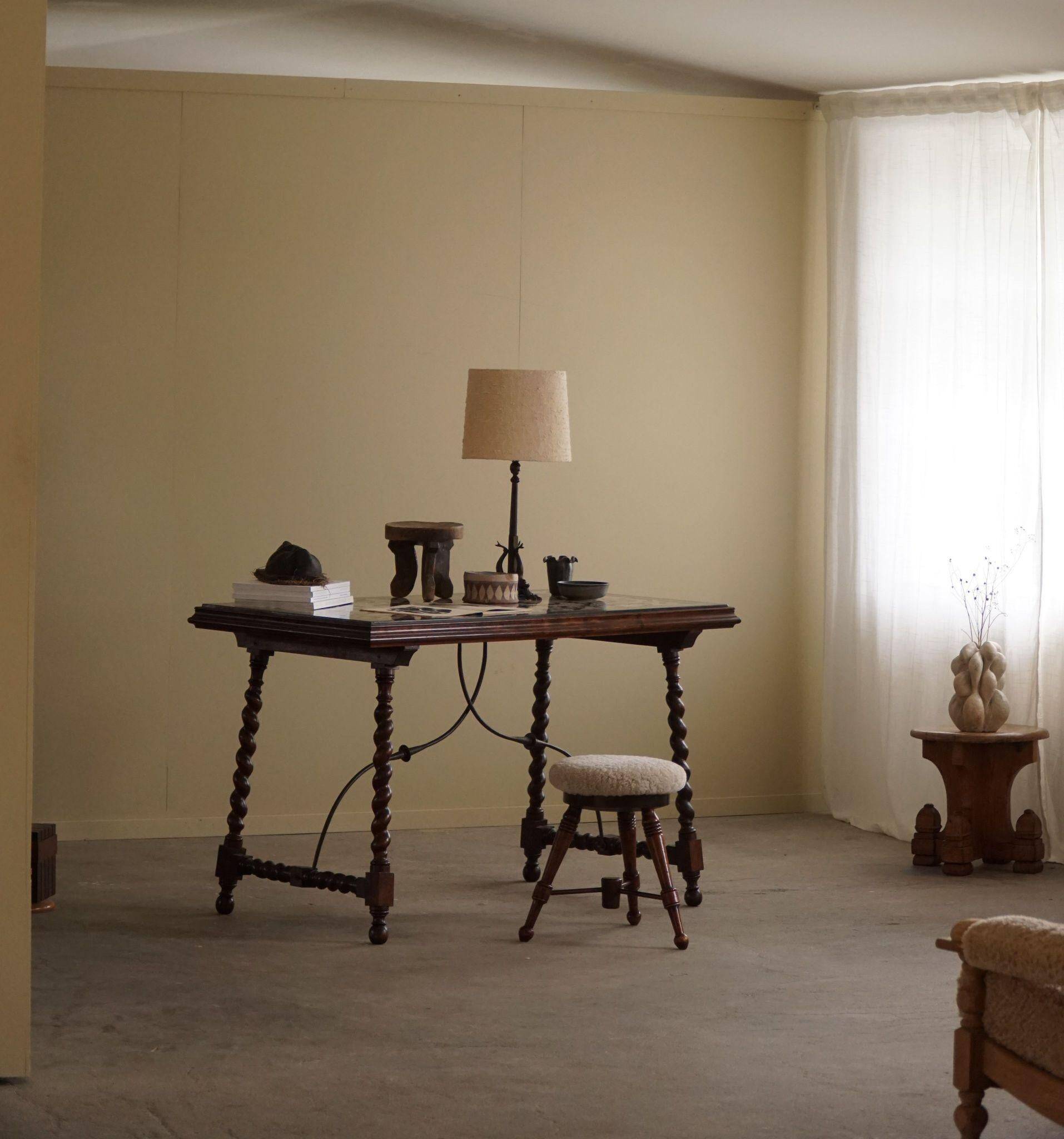 Antique Italian desk table, walnut and marble, Naples, 19th century.