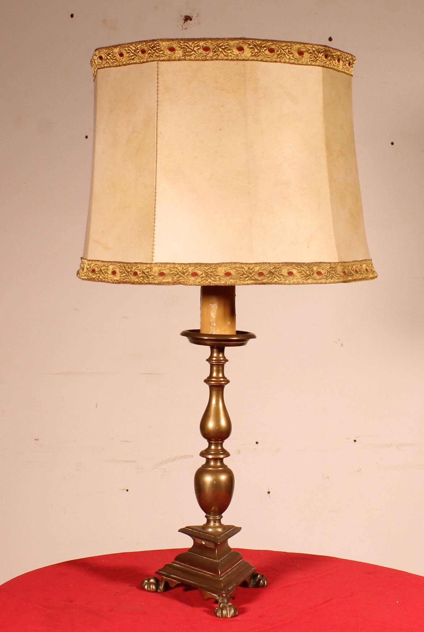 17th Century Bronze Candle Holder Mounted As A Lamp With Its Parchment Lamp