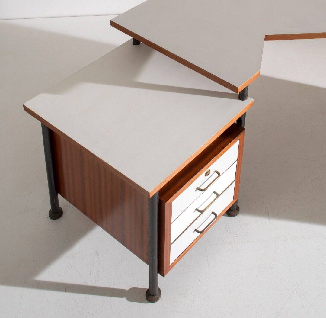 Corner Desk in Painted Metal, Wood, Formica, and Brass by Sergio Coradeschi, 1950s