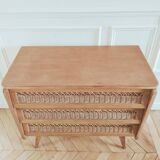 Renovated vintage chest of drawers, 1960s, made of wood and rattan.